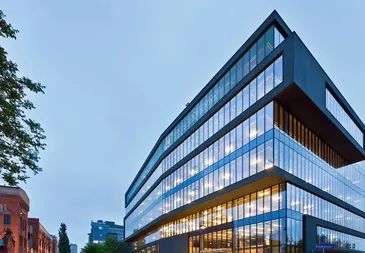 Modern architectural building illuminated at night
